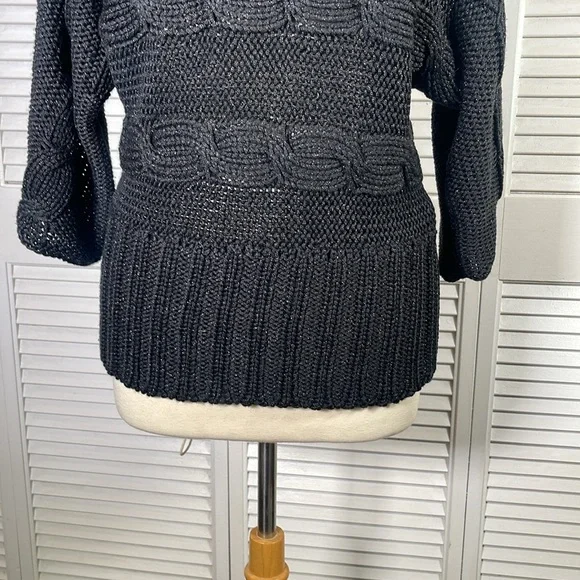 Bebe,Women's Cable-Knit Sweater color:Black, with lurex, size:M. Batwing sleeves - Picture 4 of 9